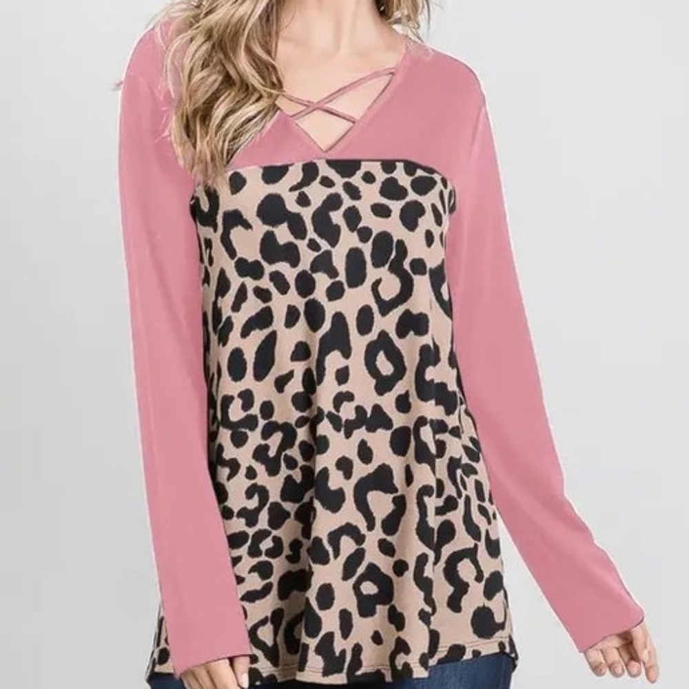 Crisscross V Neck Solid And Animal Top NEW WITH TAGS